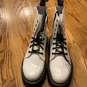 White and Black Combat Boots with Textured Leather Upper